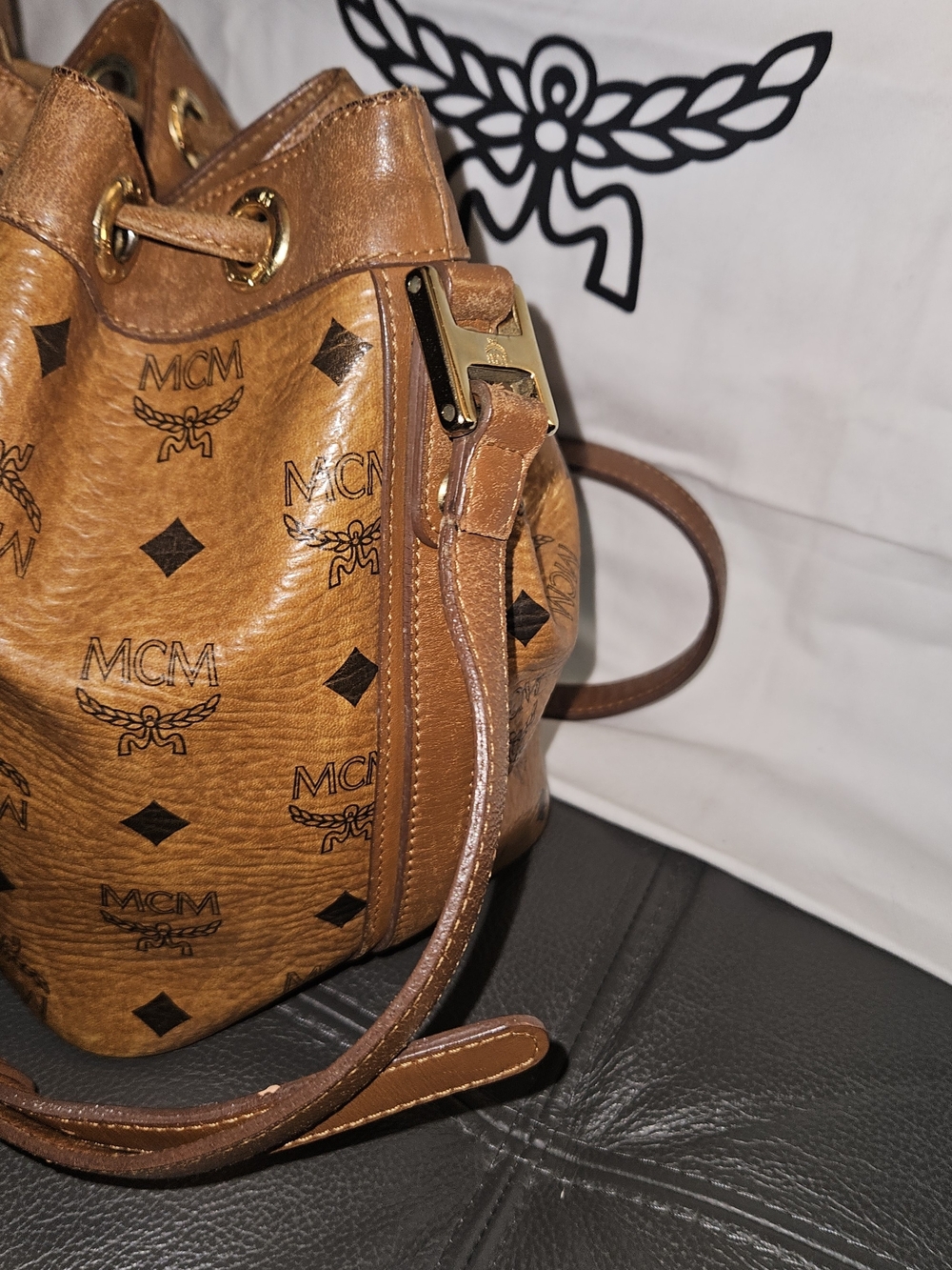 MCM Brown Visetos Logo Drawstring Bucket Bag - Picture 6 of 8